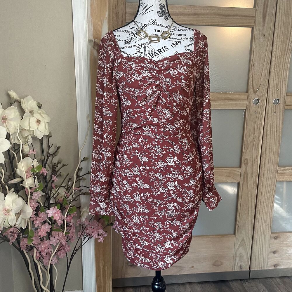 Ambition Copper Collective Floral Ruched Mini Dress Long Sleeve Cottagecore S